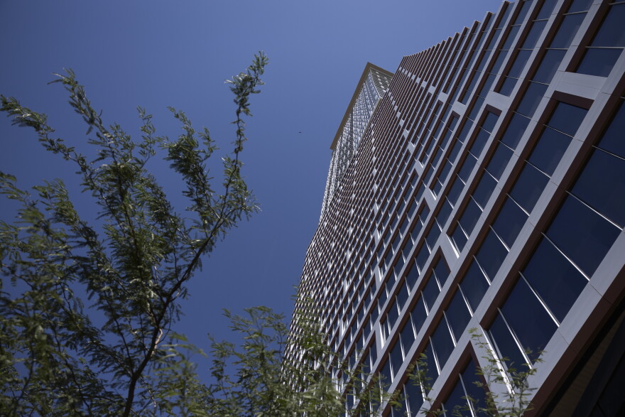 A modern skyscraper with a grid of windows rises against a clear blue sky, framed by green tree branches in the foreground.