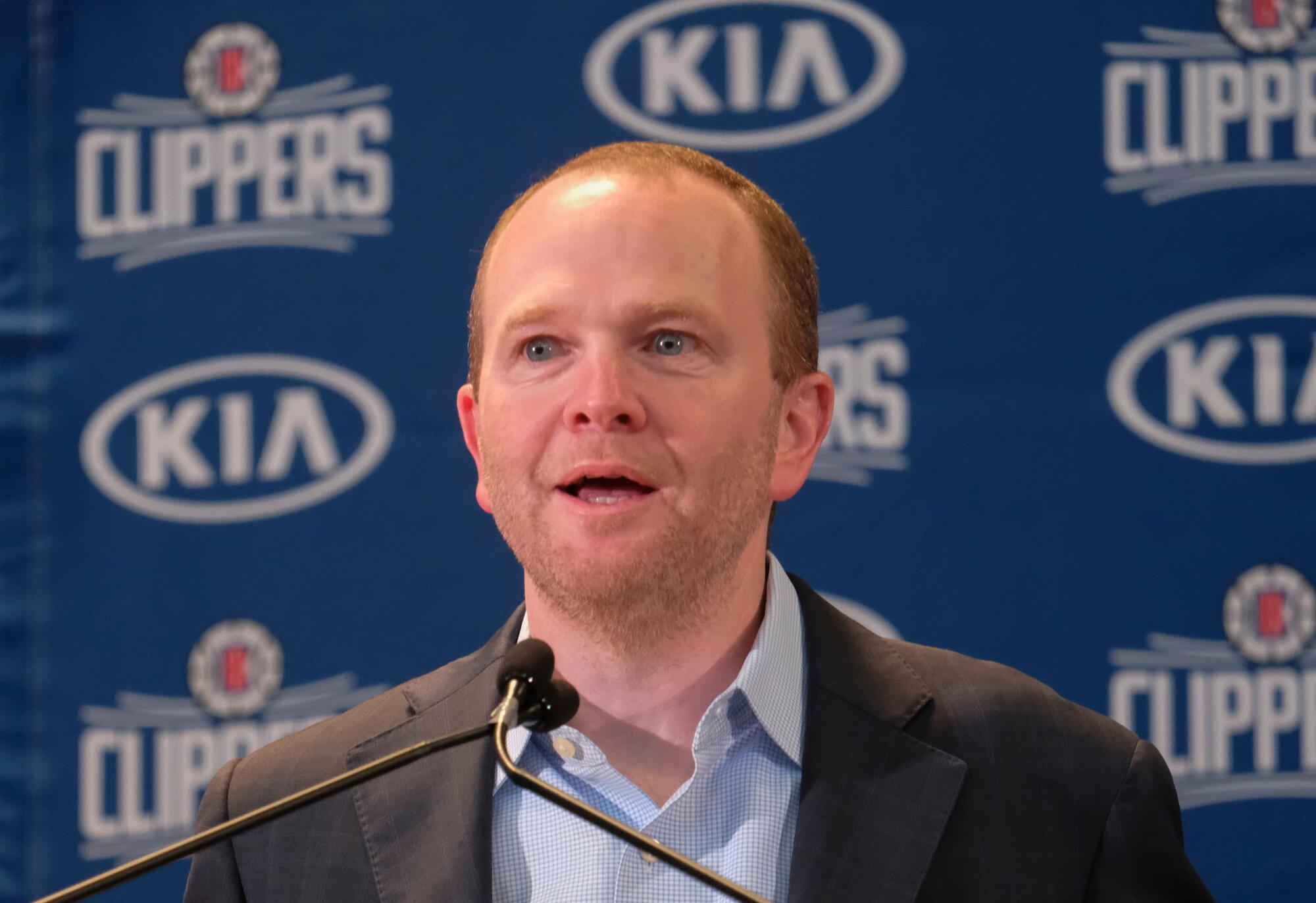 Lawrence Frank, the Clippers' president of business operations, speaks during a news conference in July 2019.