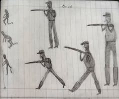 Childish drawing of men with guns chasing children