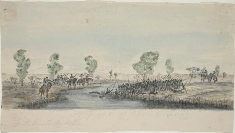 Painting of fighting between a group of Indigenous people and settlers at a river.