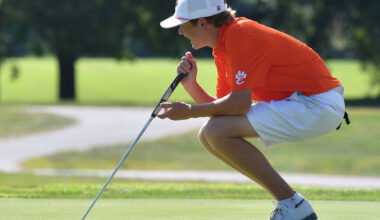 Edwardsville's Michael Shaw lines up a putt during the Dick Gerber Invitational on Aug. 28, 2026, at Belk Park Golf Course in Wood River.
