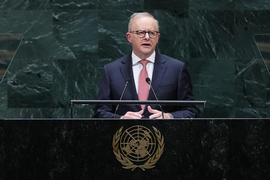 Anthony Albanese speaks at the UN rostrum.
