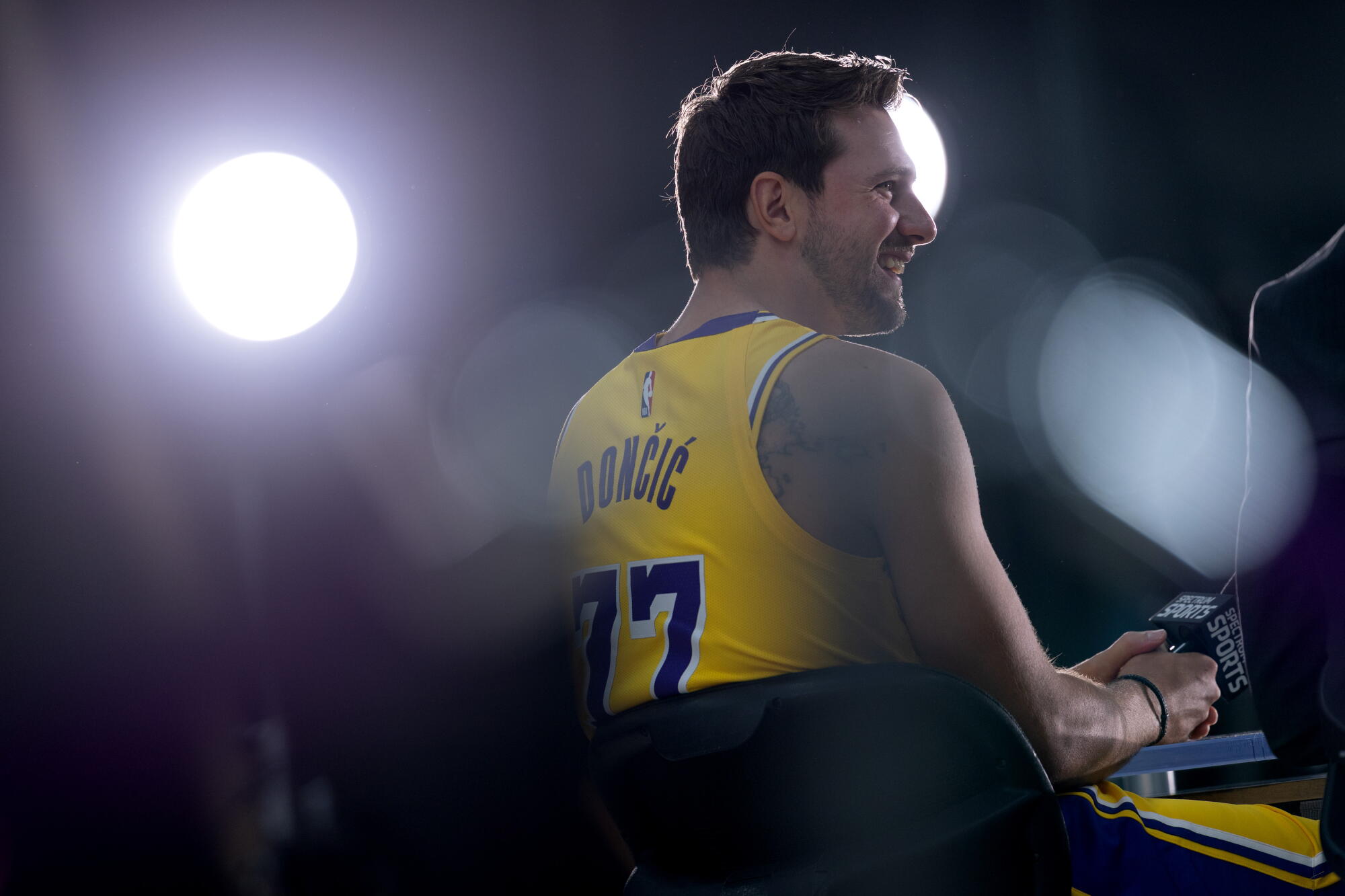 Lakers guard Luka Doncic speaks during the team's media day in El Segundo on Monday.