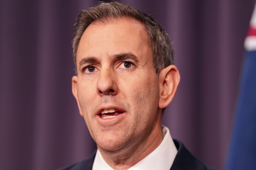 A man in a suit speaks at a press conference with an Australian flag in the background.