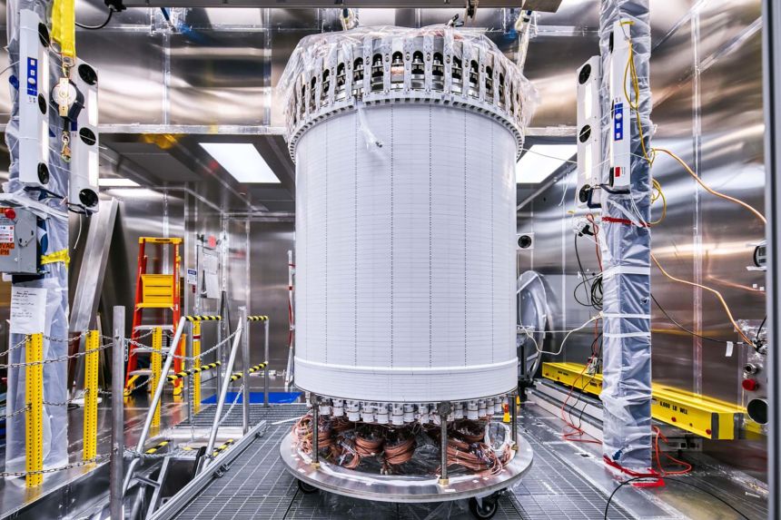 The LZ central detector is seen in the clean room at Sanford Underground Research Facility in South Dakota after assembly, before beginning its journey underground.