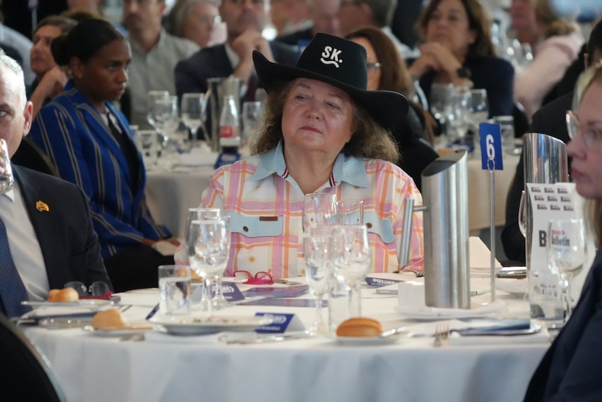 a woman wearing a bright collared shirt and an Akubra-style hat at a table next to a man drinking from a glass