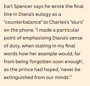 Earl Spencer says the final line in his eulogy was a "counterbalance" to Charles's "slurs" on the phone.