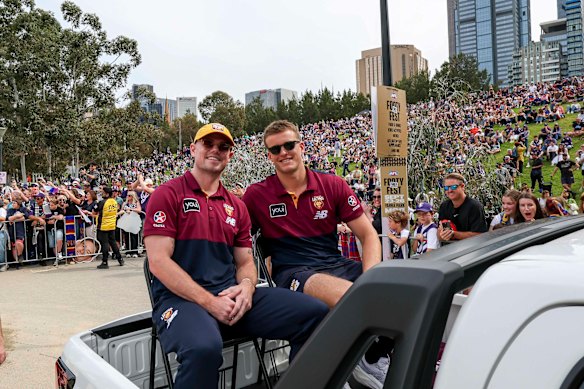 Brisbane Lions Lachie Neale and Ty Gallop at the grand final parade on Friday.