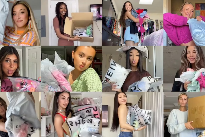 A composite image of women showing off their packages from Shein.