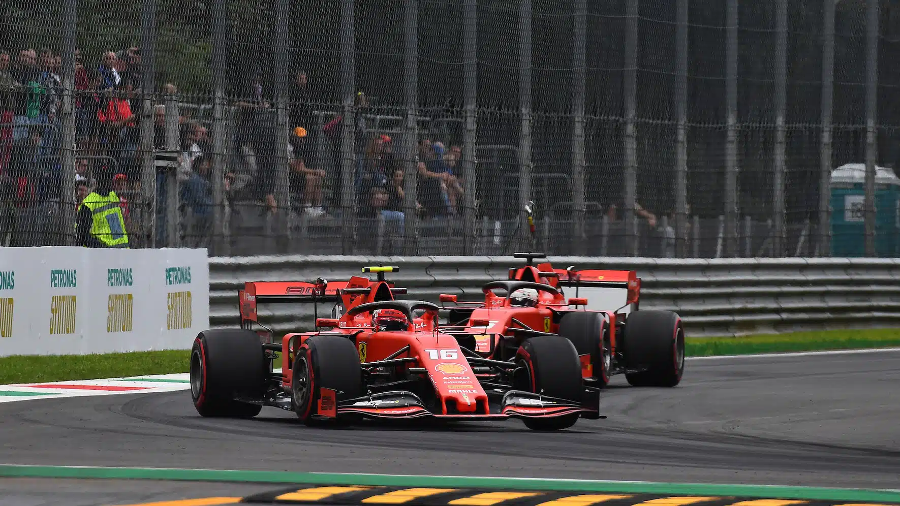 Charles Leclerc in front of Ferrari teammate Sebaatian Vettel during practice for the 2019 Italian Grand Prix