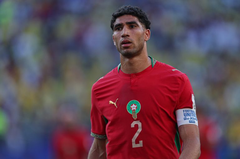 Jun 13, 2026; East Rutherford, New Jersey, USA; Morocco defender Achraf Hakimi (2) in action against Brazil during a Group C match of the 2026 FIFA World Cup at New York New Jersey Stadium. Mandatory Credit: Vincent Carchietta-Imagn Images
