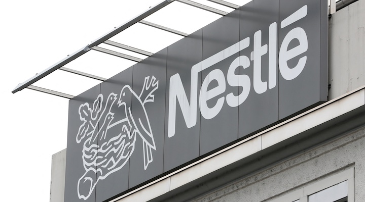 The company's logo is seen at a Nestle plant
