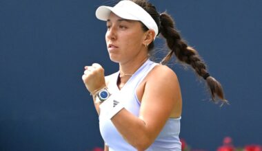 Aug 6, 2026; Toronto, Ontario, Canada; Jessica Pegula (USA) reacts after winning the first set against Kamilla Rakhimova (UZB) during third round play at Sobeys Stadium.