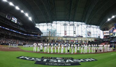 Sep 29, 2026; Houston, Texas, USA; The Houston Astros line up for the beginning of the game against the Chicago White Sox during game one of the Wildcard round for the 2026 MLB Playoffs at Daikin Park.
