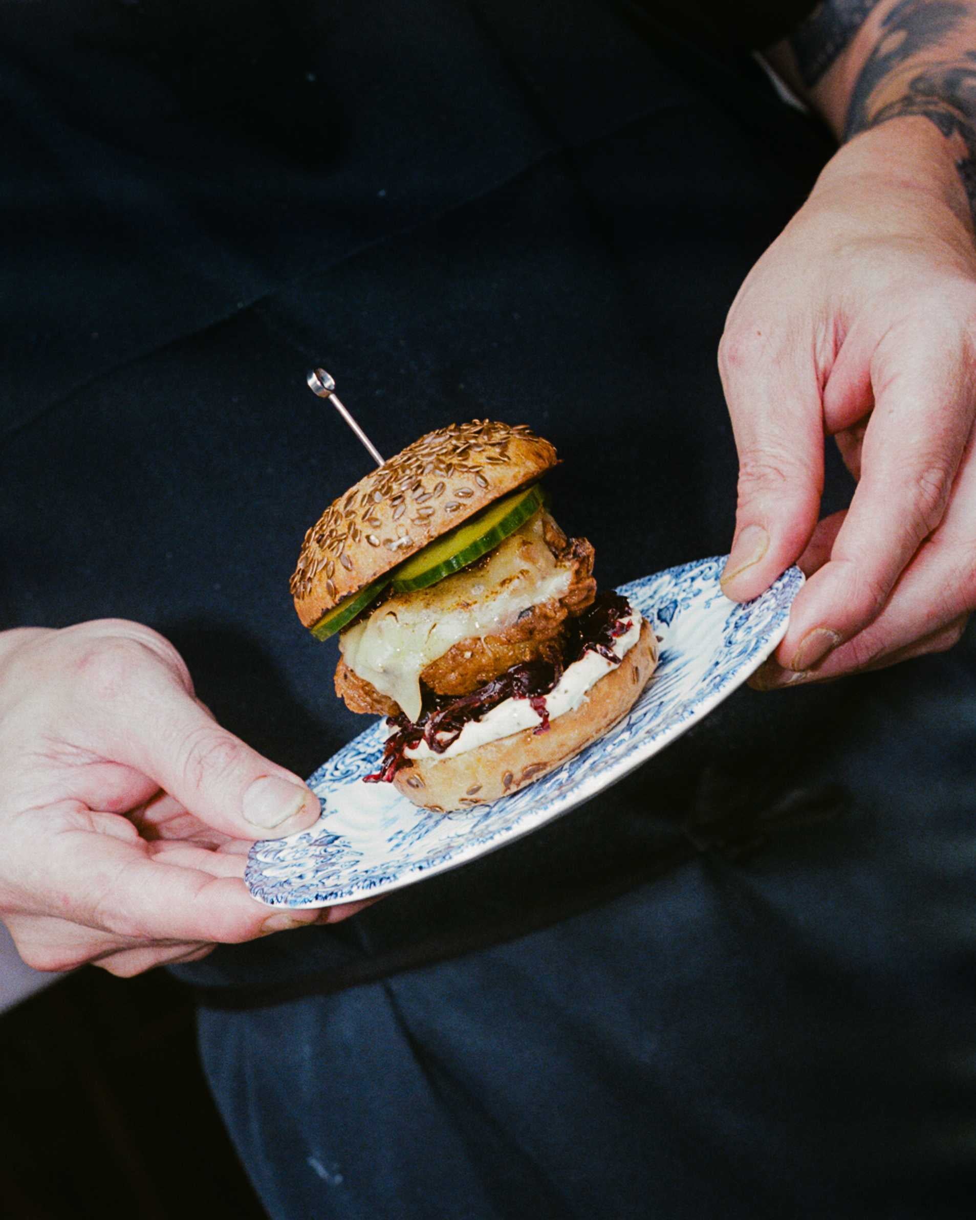 Tavern’s crispy veal sweetbread burger