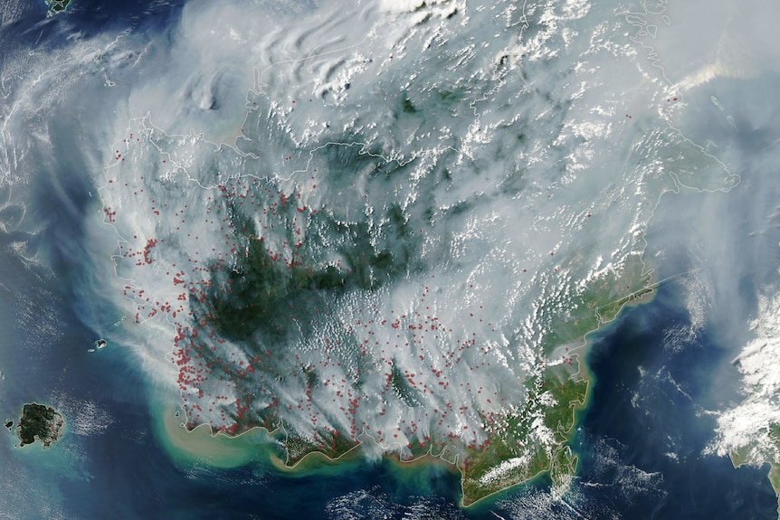 Satellite image of smoke covering Indonesia.