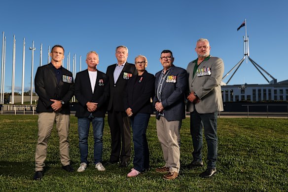 Veterans John Armfield, Dr Tim Nelson, Ian Lindgren, Melanie Annand, Gordon Traill and Sean Smith will lay down their medals during a protest at Parliament House on Monday. 