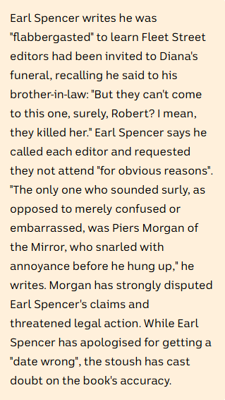 Earl Spencer disinvited editors to Diana's funeral, but says Piers Morgan "snarled with annoyance" which Morgan disputes.