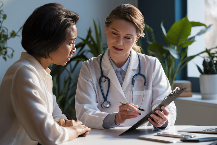 A doctor explaining a standard medical procedure to a patient, focusing on medical procedures.