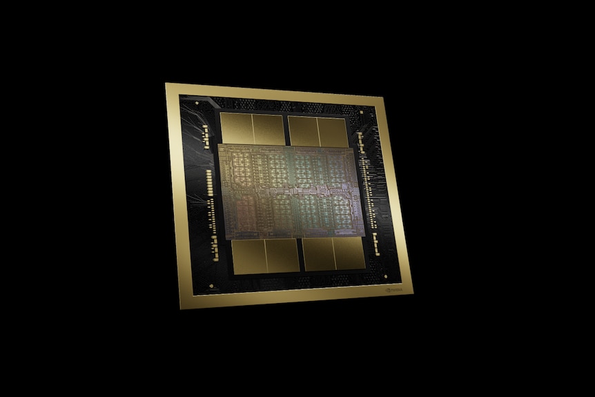 Close-up rendering of an NVIDIA Blackwell AI processor, a large chip surrounded by gold and black rectangular memory components.
