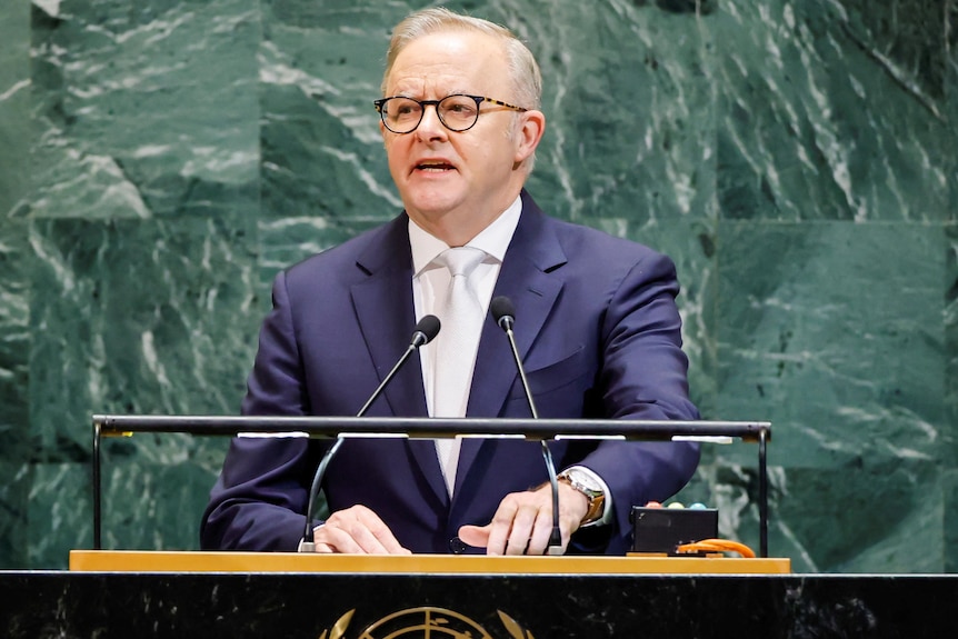 Anthony Albanese speaks at the UN podium.