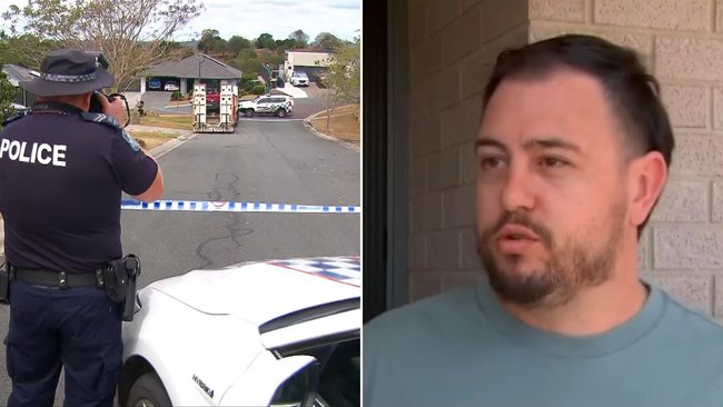 A police officer photographs the Fernvale crime scene as Good Samaritan Kyle Wilford speaks about his efforts to help the man.