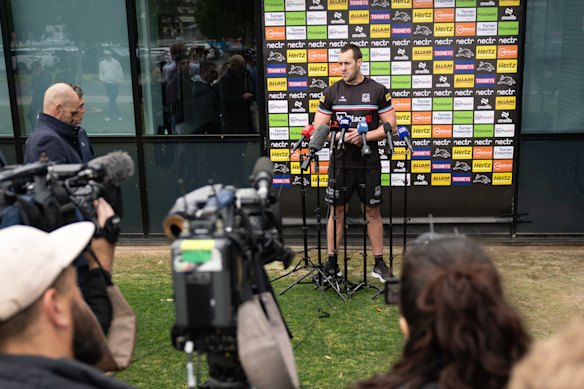 Penrith’s Isaah Yeo speaks to the media on Tuesday.