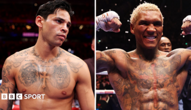 A side-by-side image of a shirtless Ryan Garcia and a shirtless Conor Benn