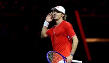 LONDON, ENGLAND - SEPTEMBER 26: Alex de Minaur of Team World celebrates winning match point over Alexander Zverev of Team Europe during the Men's Singles match on day two of Laver Cup 2026 at The O2 on September 26, 2026 in London, England. (Photo by Clive Brunskill/Getty Images for Laver Cup)