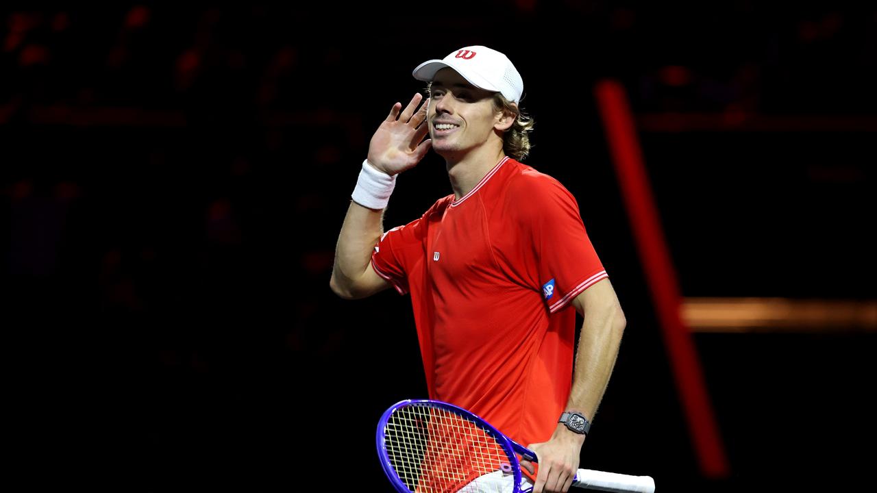 LONDON, ENGLAND - SEPTEMBER 26: Alex de Minaur of Team World celebrates winning match point over Alexander Zverev of Team Europe during the Men's Singles match on day two of Laver Cup 2026 at The O2 on September 26, 2026 in London, England. (Photo by Clive Brunskill/Getty Images for Laver Cup)