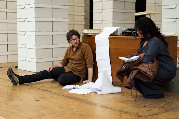 Dan Spielman as Joseph Weizenbaum and Manali Datar as his secretary, Becky, during rehearsals for Eliza.