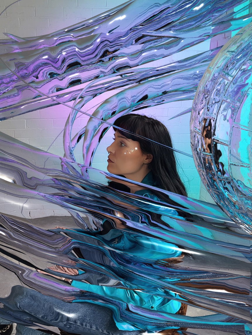 A woman with dark hair stands in a wave of digital water