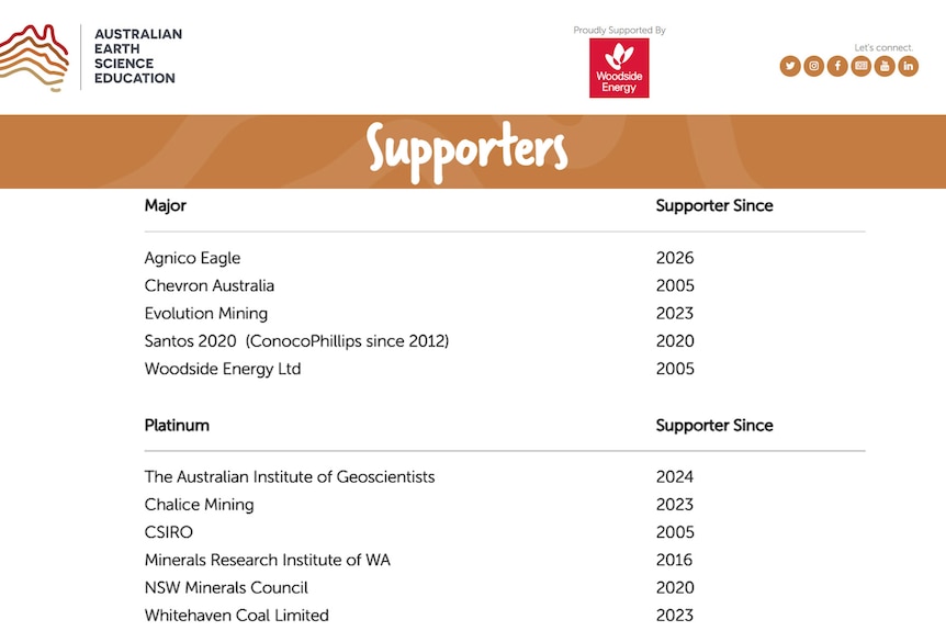 A page of the AusEarthEd website showing fossil fuel majors listed under "Supporters".