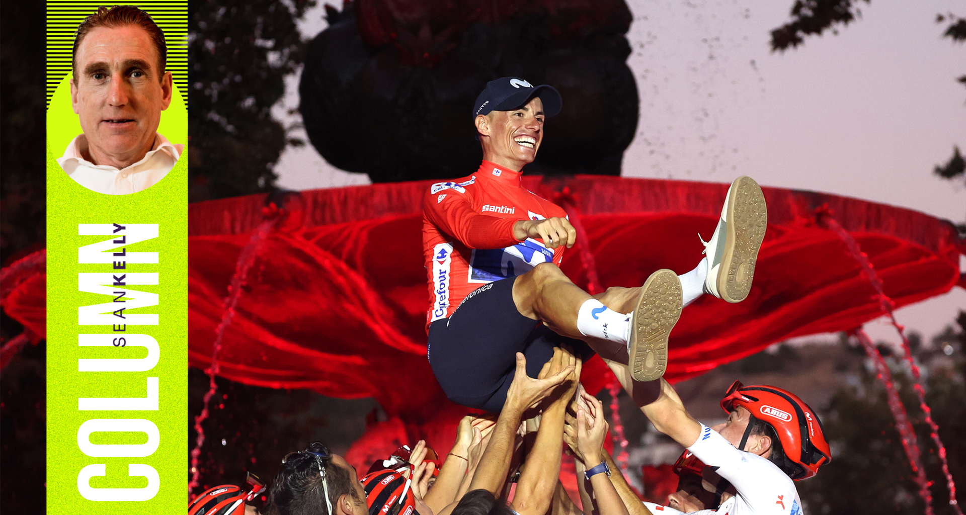 Enric Mas is raised up by his Movistar teammates on the final podium. Sean Kelly's profile image (left).