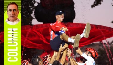 Enric Mas is raised up by his Movistar teammates on the final podium. Sean Kelly's profile image (left).