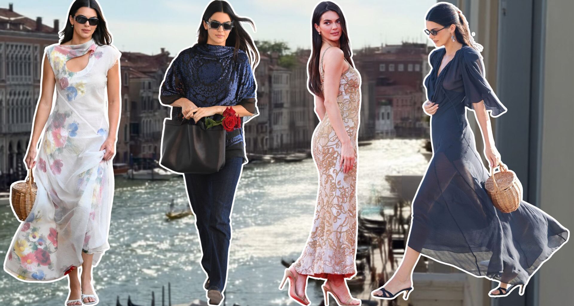 A collage of the biggest fashion trends Kendall Jenner wore whilst in Venice.