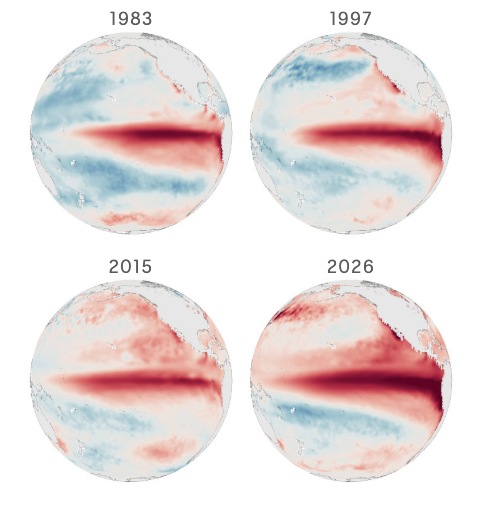 Maps show forecasted El Nino conditions will be stronger than those in the past.