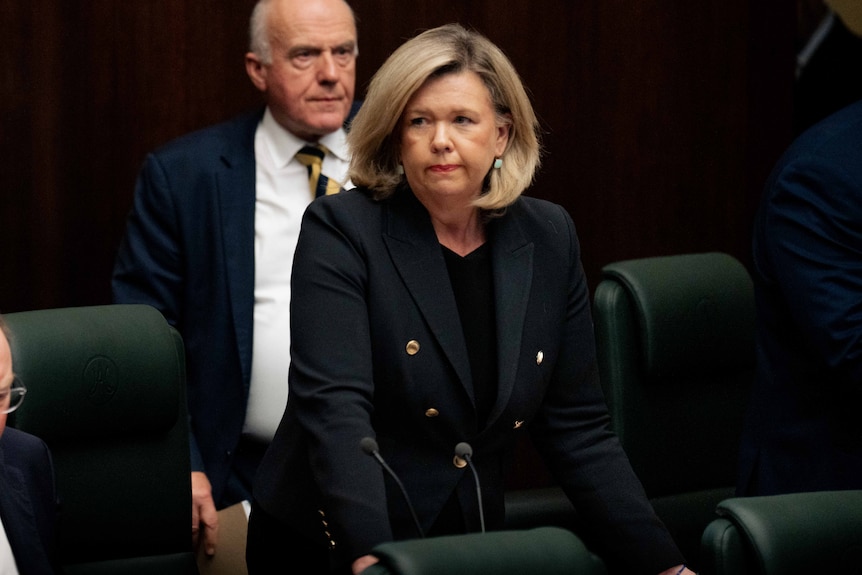 A woman dressed formally leans on a table in front of her with a green chair behind her and politicians around
