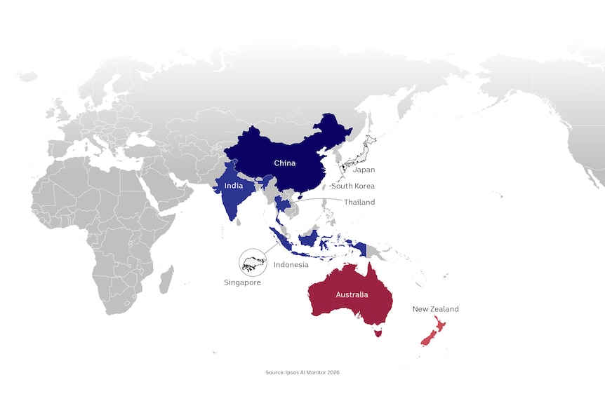 A map of the world with China, India and Indonesia in blue, Australia and New Zealand in red. Text says "Nervous or excited?".