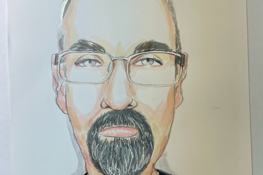 A court sketch of Snowtown killer James Vlassakis.