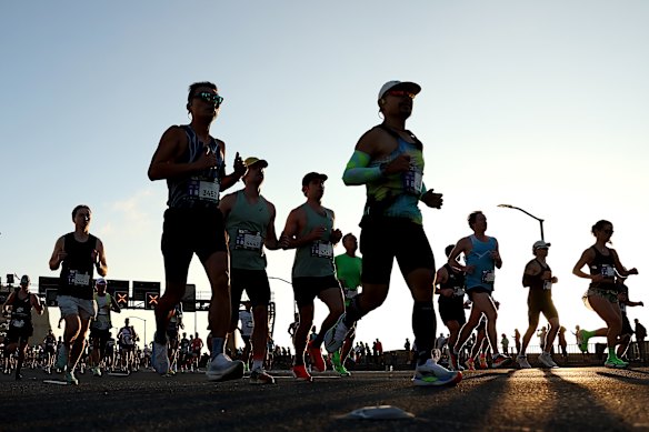 Competitors cross the Sydney Harbour Bridge during the 2026 Sydney Marathon.