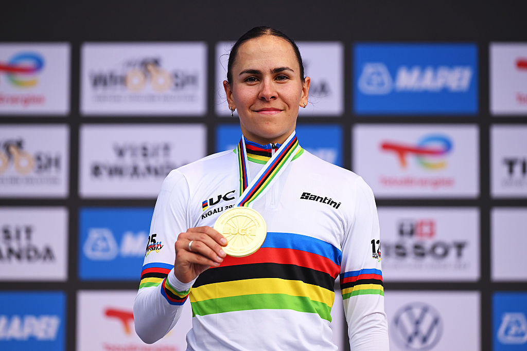 C&eacute;lia Gery in the rainbow jersey after winning the under-23 women's road race at the 2025 Road World Championships in Kigali