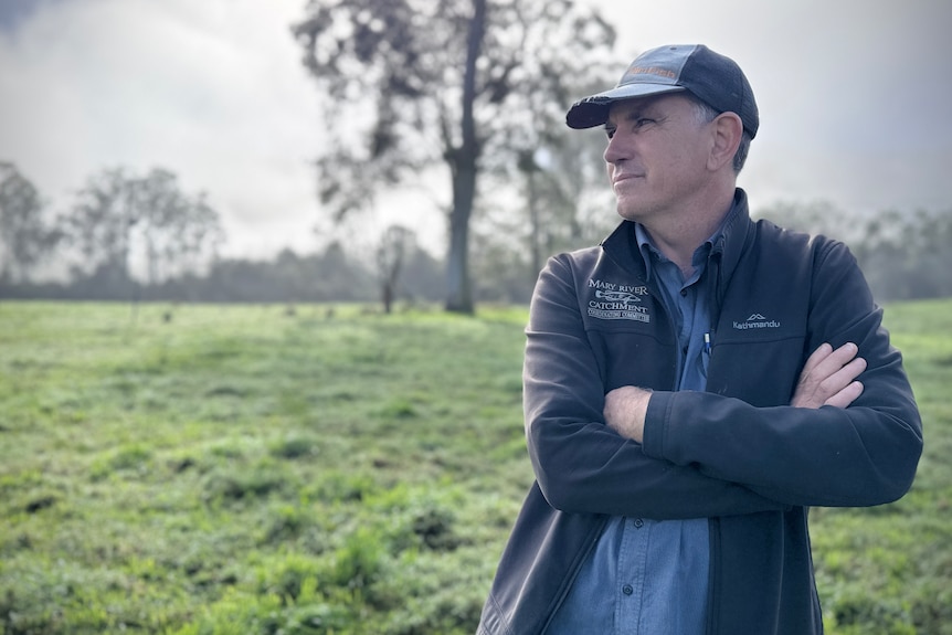 A man wearing a cap crosses his arms and looks into the distance in a misty paddock.