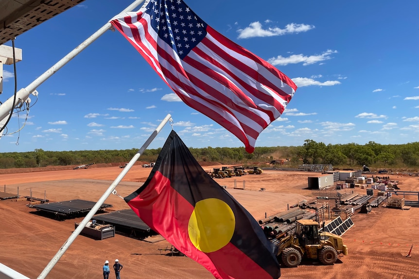 The US and Australian Aboriginal flag flying at a remote mine site.