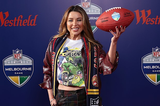 Dannii Minogue arrives at the MCG ahead of the San Francisco 49ers v Los Angeles Rams game at the Melbourne Cricket Ground.