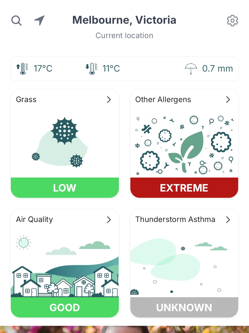A picture with the word "grass" and "low" and aother saying "other allergens" with "extreme" in red below.