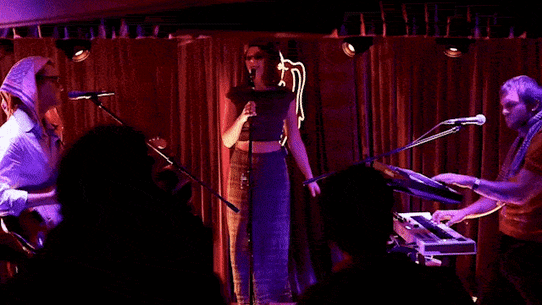Kai Ollmann and Davy Brown (left and right) of Barley Passable, performing with Olivia Dennis, aka DENNIS, in Newtown’s Pleasure Club.