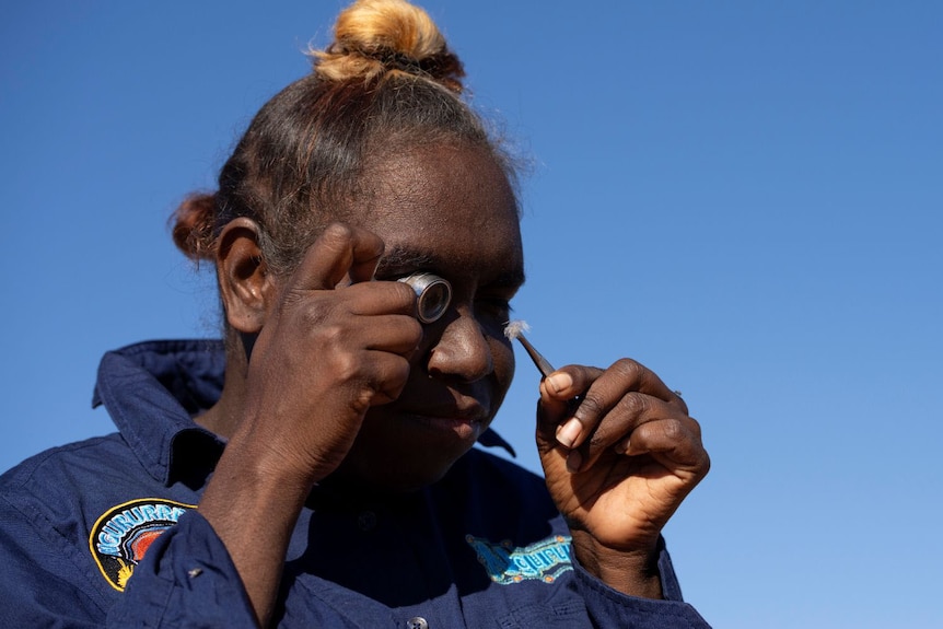 A young Aboriginal woman in dark navy long sleeve shirt holds tiny feather in tweezers and looks at it with magnifier eye piece.