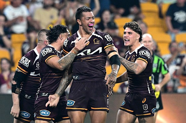 Xavier Willison of the Broncos celebrates after scoring a try during the round five NRL match between Brisbane Broncos and Wests Tigers at Suncorp Stadium, on April 05, 2025, in Brisbane, Australia. (Photo by Bradley Kanaris/Getty Images)