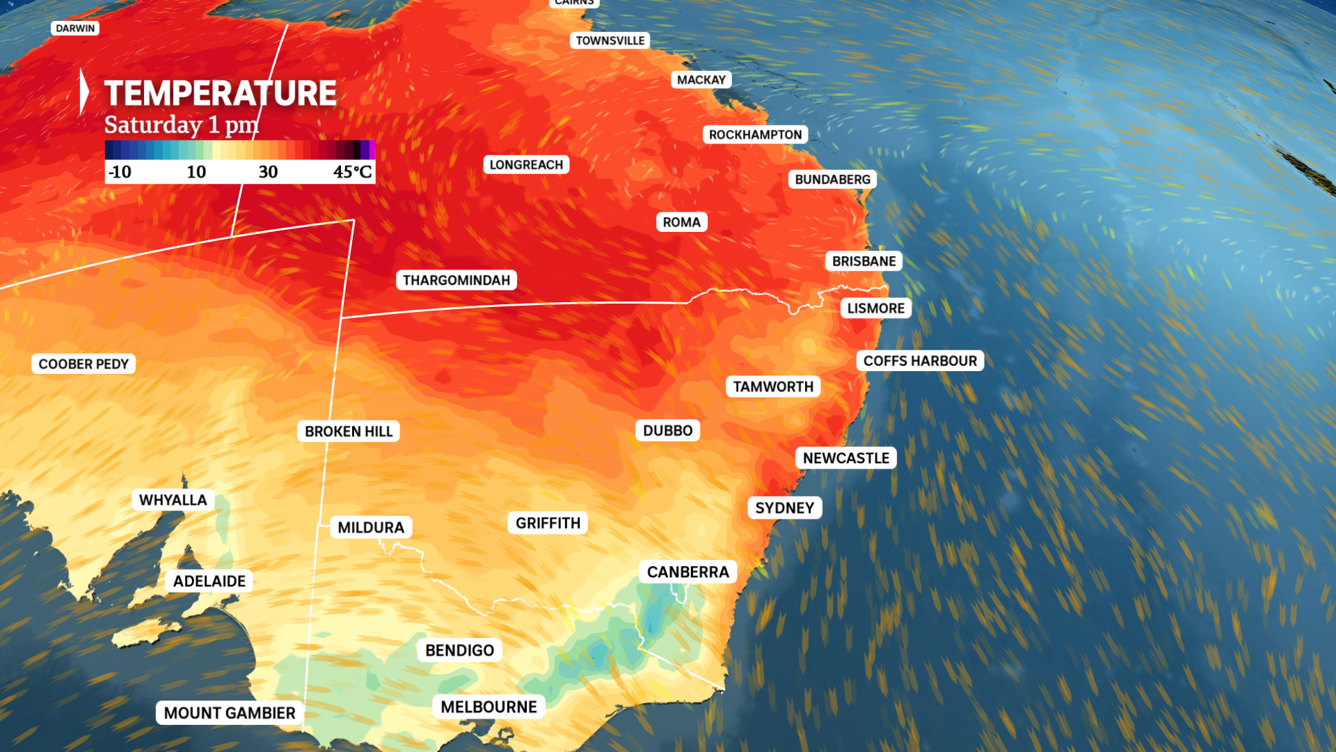 a weather map of australia shows high temperatures across a large part of southern Queensland and NSW